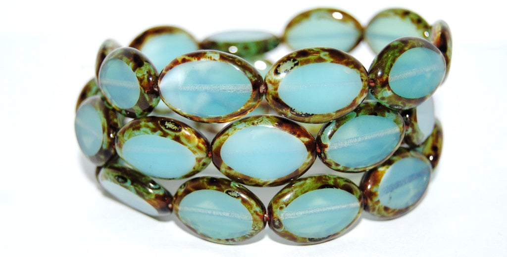 Table Cut Oval Beads Roach, Opal Aqua Travertin (61000 86800), Glass, Czech Republic
