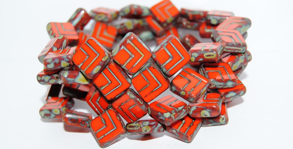 Table Cut Rhomb Beads With Lines, Deep Orange Stain Strong (93140 86805), Glass, Czech Republic