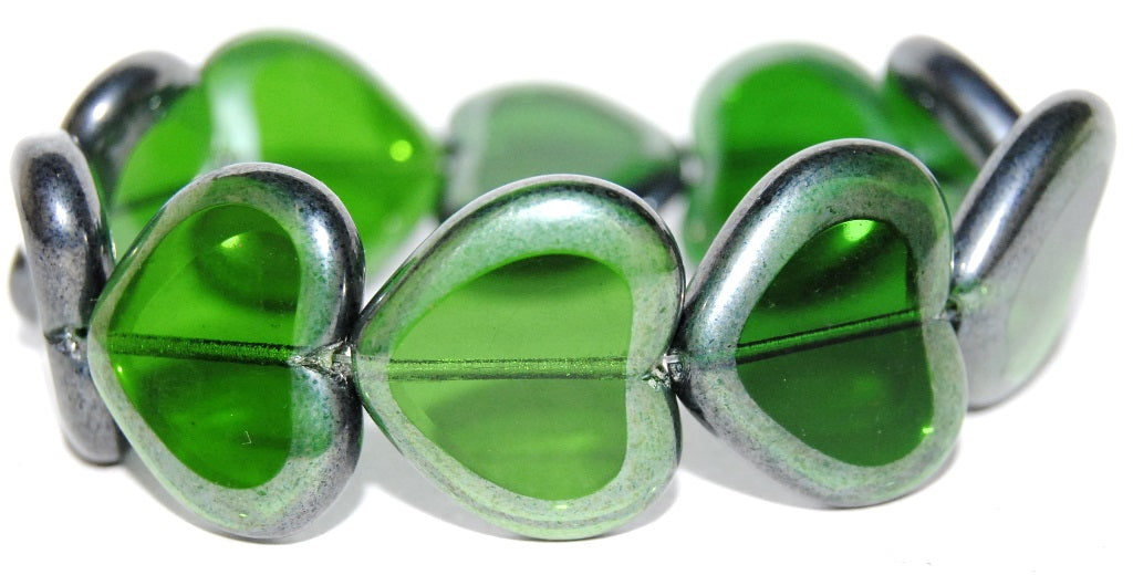 Table Cut Heart Beads, Transparent Green Emerald Hematite (50710 14400), Glass, Czech Republic