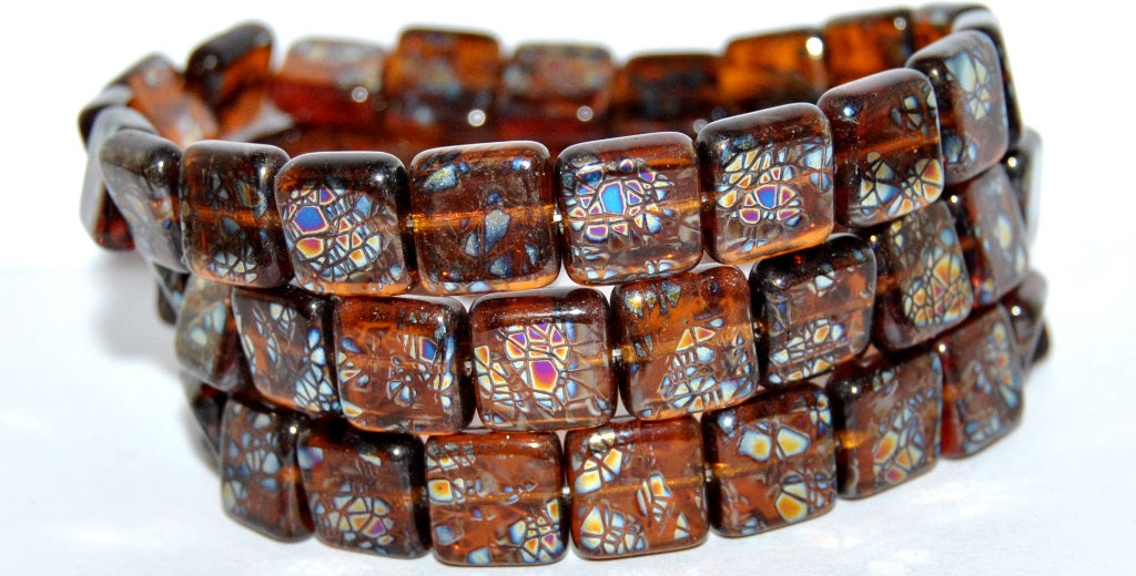 Flat Square Pressed Glass Beads, Transparent Brown 2501 Batika Mini Rainbow (10090 2501 Batika Mini Rainbow), Glass, Czech Republic