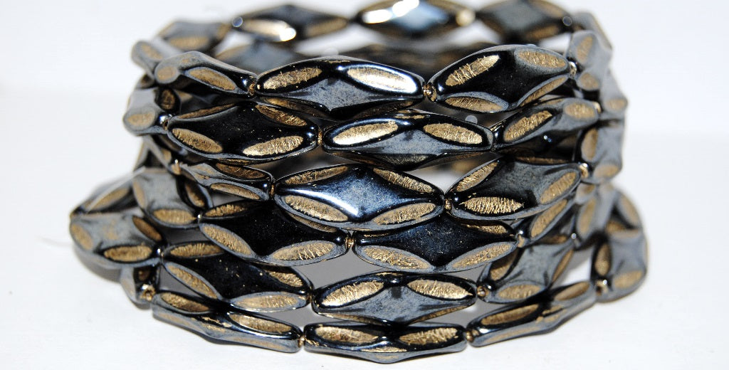 Faceted Oval With Star Pressed Glass Beads, Black Hematite 54202 (23980 14400 54202), Glass, Czech Republic