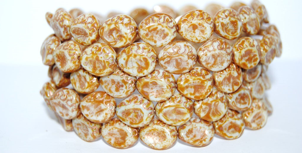 Tear Oval Pressed Glass Beads, White Travertin 54200 (2010 86800 54200), Glass, Czech Republic