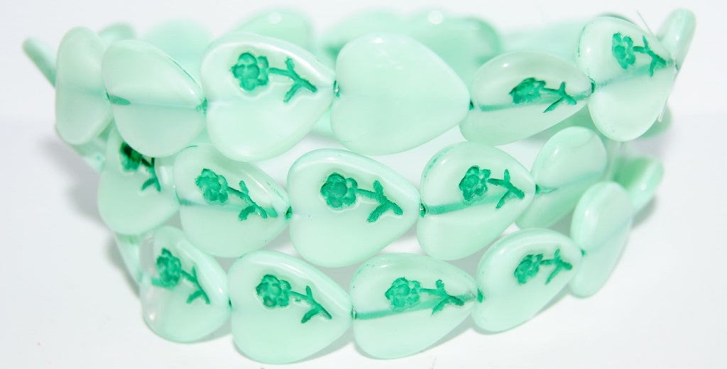 Heart Pressed Glass Beads With Flower, Teal 46450 (56218 46450), Glass, Czech Republic