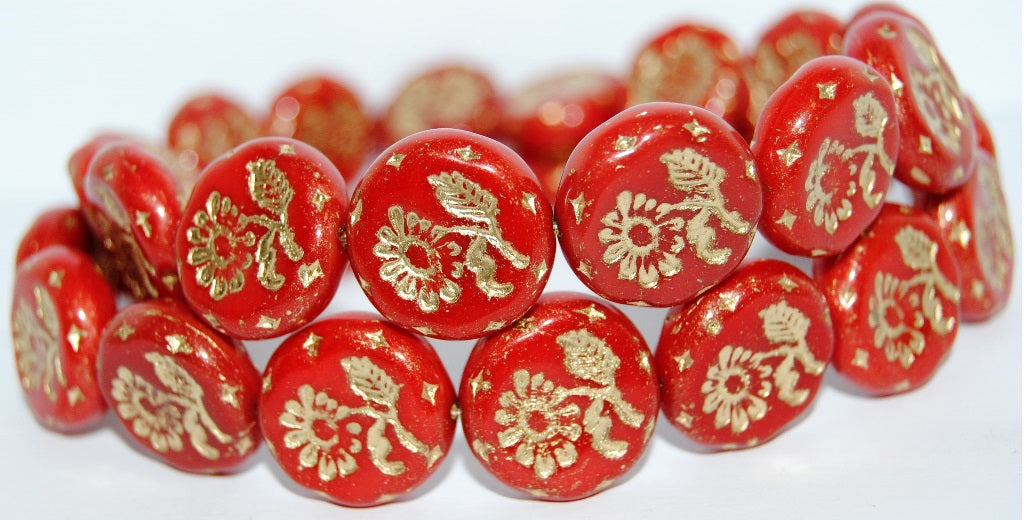 Round Flat With Flower Marguerite Pressed Glass Beads, Opaque Red 54202 (93200 54202), Glass, Czech Republic