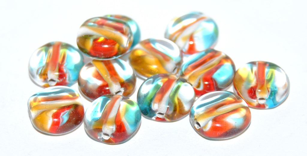 Flat Round Coin Lampwork Glass Handmade Beads, (B), Glass, Czech Republic