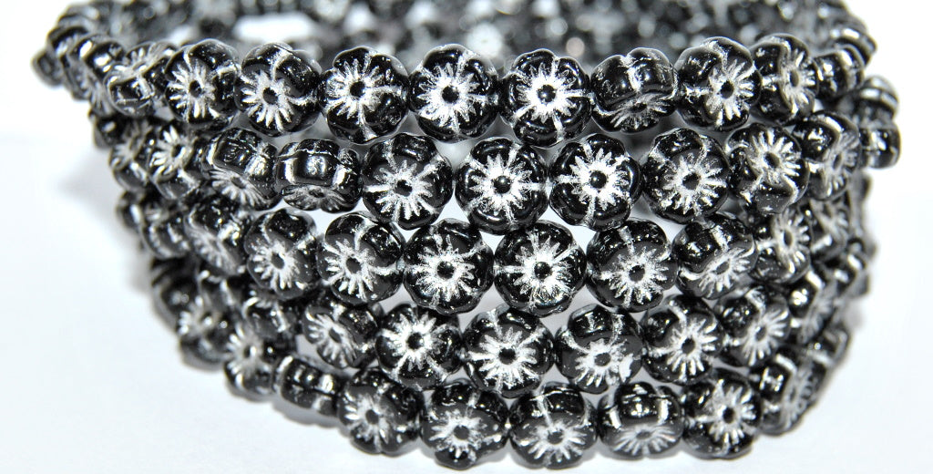 Hawaii Flower Pressed Glass Beads, Black 54201 (23980 54201), Glass, Czech Republic