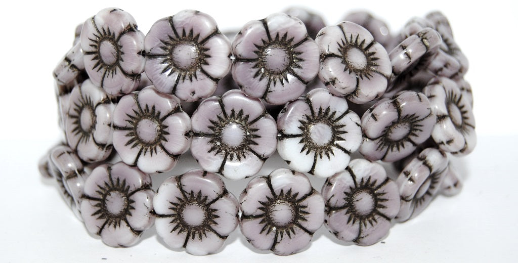 Round Flat Flower Pressed Glass Beads, (7224 23202), Glass, Czech Republic