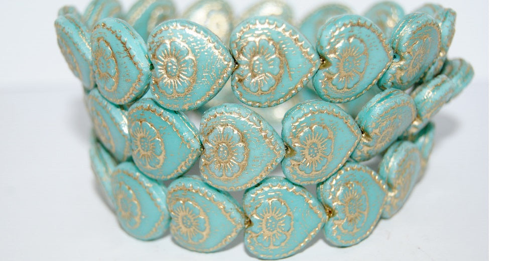 Heart With Flower Pressed Glass Beads, Opaque Green 54202 (54020 54202), Glass, Czech Republic