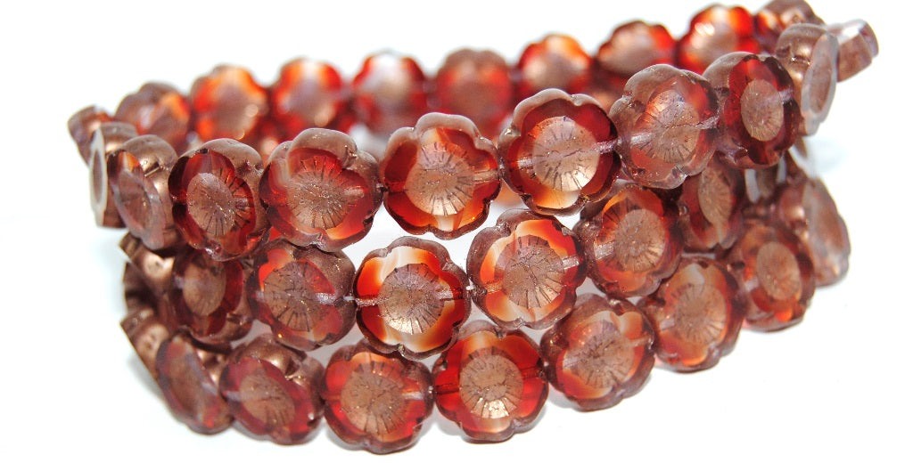 Table Cut Round Beads Hawaii Flowers, 9008002 Bronze Matte (9008002 14415M), Glass, Czech Republic