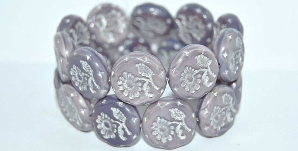 Round Flat With Flower Marguerite Pressed Glass Beads, (21350 54201), Glass, Czech Republic