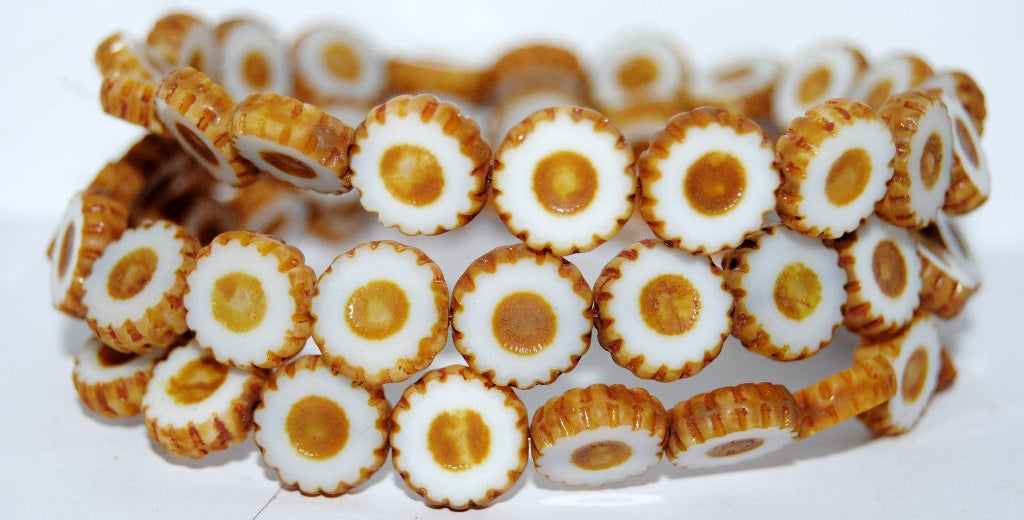 Table Cut Round Flower Beads Daisy, White Travertin (2010 86800), Glass, Czech Republic