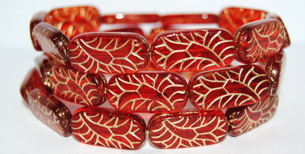 Rectangle With Ornament Pressed Glass Beads, Transparent Red 54202 (90060 54202), Glass, Czech Republic
