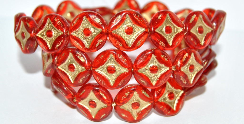 Flat Round With 4-Point Star Pressed Glass Beads, Light Siam 54202 (90070 54202), Glass, Czech Republic
