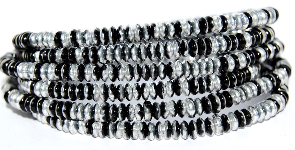 Flat Round Wheel Pressed Glass Beads, Black Crystal Silver Half Coating (23980 27001), Glass, Czech Republic