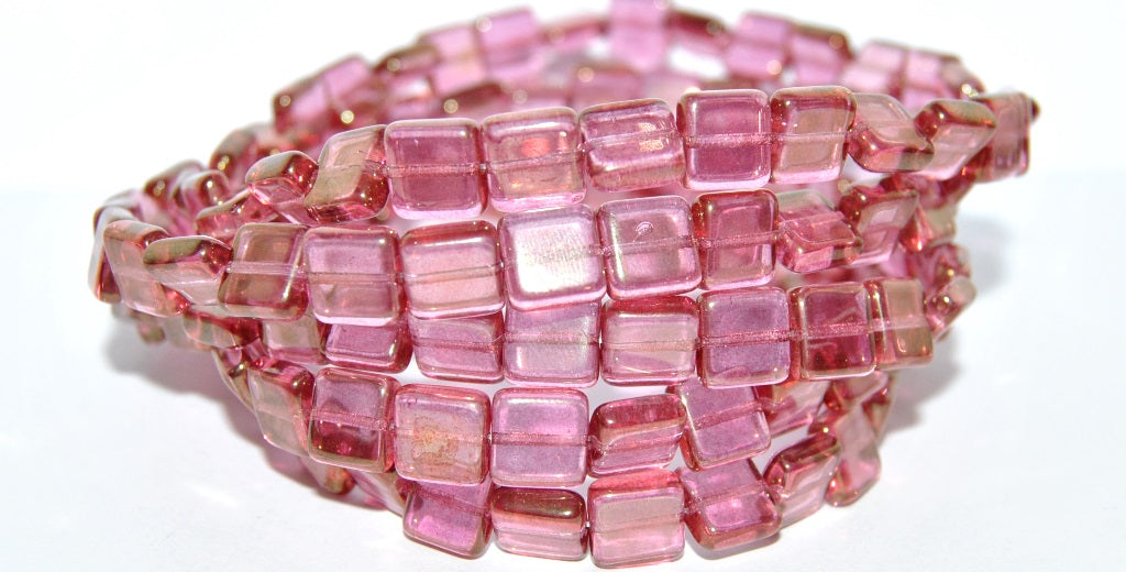 Flat Square Pressed Glass Beads, Crystal Luster Red Full Coated (30 14495), Glass, Czech Republic