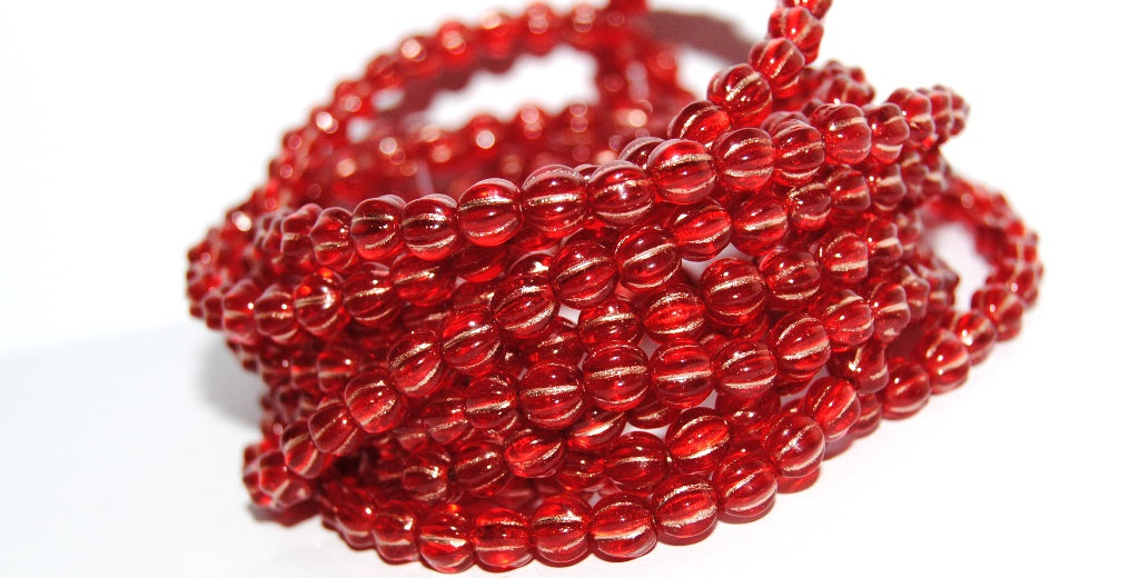 Melon Round Pressed Glass Beads With Stripes, Ruby Red 54200 (90080 54200), Glass, Czech Republic