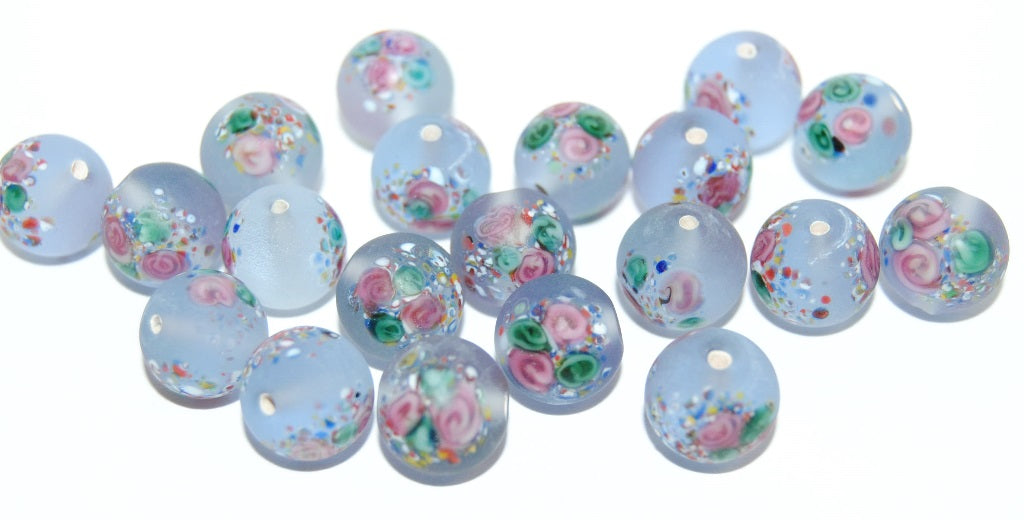 Czech Glass Hand Made Round Lampwork Beads With Flower, (10 A), Glass, Czech Republic