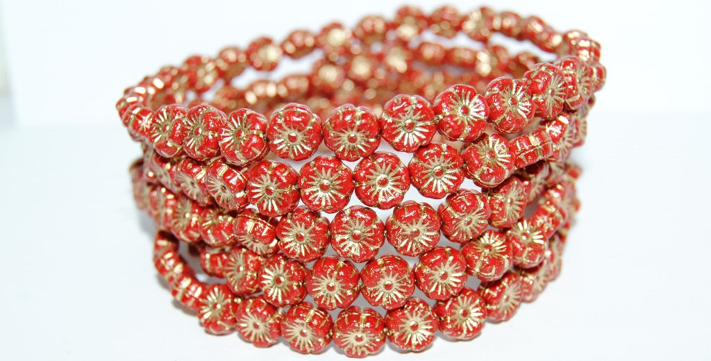 Hawaii Flower Pressed Glass Beads, Opaque Red 54202 (93200 54202), Glass, Czech Republic