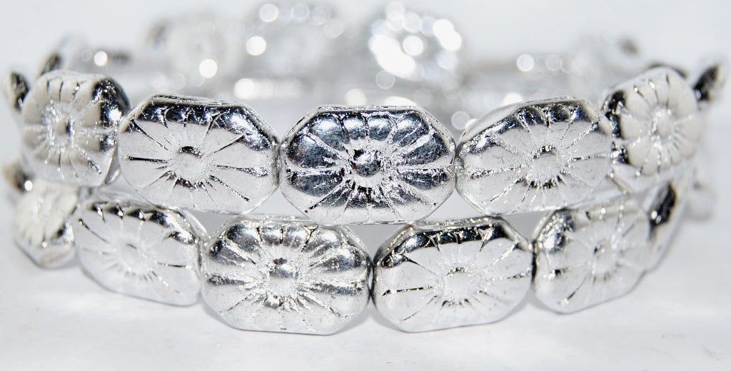 Rounded Rectangle With Flower Pressed Glass Beads, Silver (27000), Glass, Czech Republic