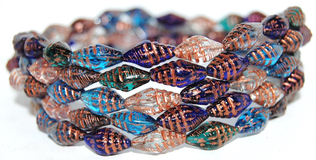 Seashell Pressed Glass Beads, Mixed Colors Blue 55307 (Mix Blue 55307), Glass, Czech Republic