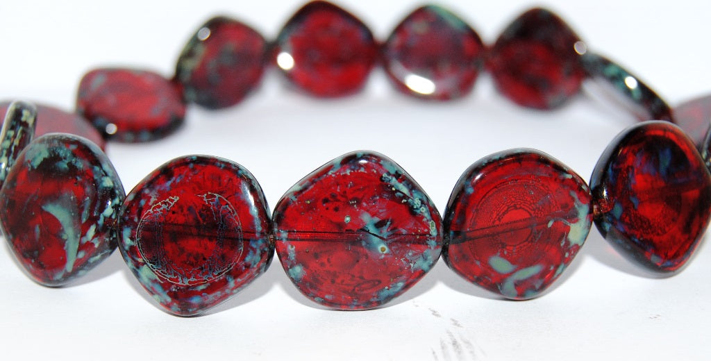Flat Semi Round Pressed Glass Beads, Ruby Red Travertin (90080 86800), Glass, Czech Republic
