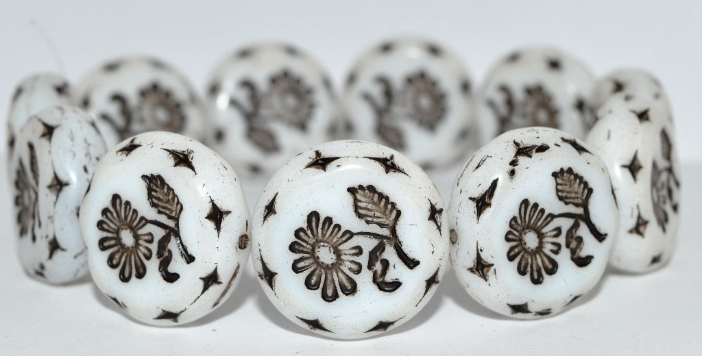 Round Flat With Flower Marguerite Pressed Glass Beads, White 23202 (2010 23202), Glass, Czech Republic