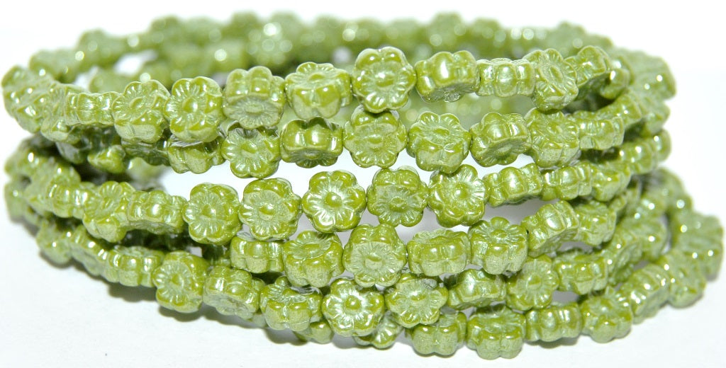 Hawaii Flower Pressed Glass Beads, Opaque Green Hematite (53400 14400), Glass, Czech Republic