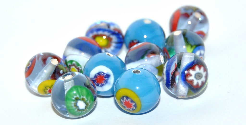 Czech Glass Hand Made Round Lampwork Beads With Flower, (K), Glass, Czech Republic