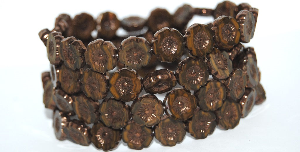 Table Cut Round Beads Hawaii Flowers, 16617B Bronze (16617B 14415), Glass, Czech Republic