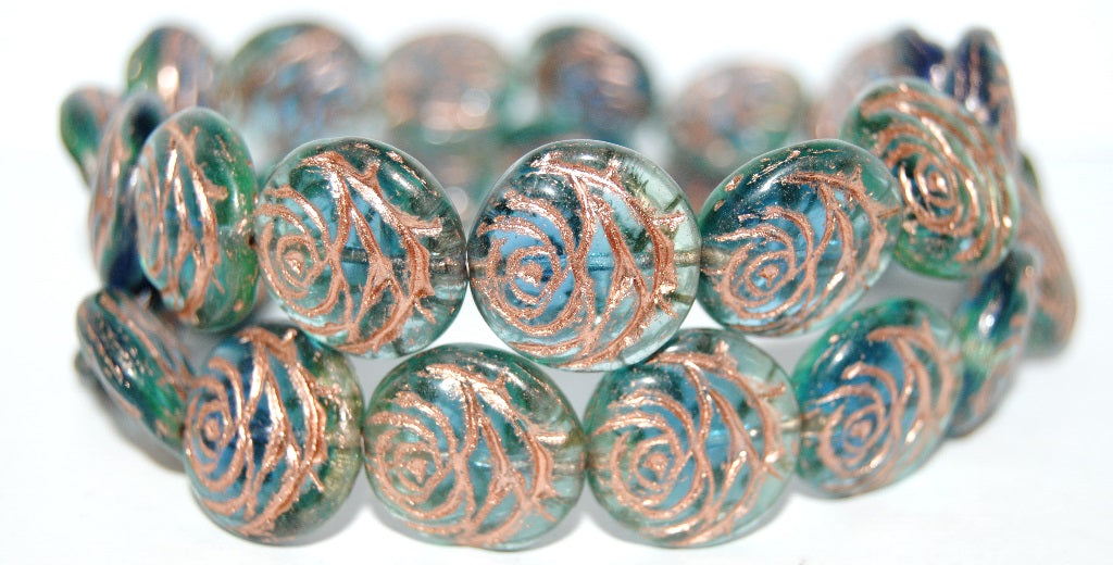 Round Flat Rose Flower Pressed Glass Beads, (57601 54200), Glass, Czech Republic