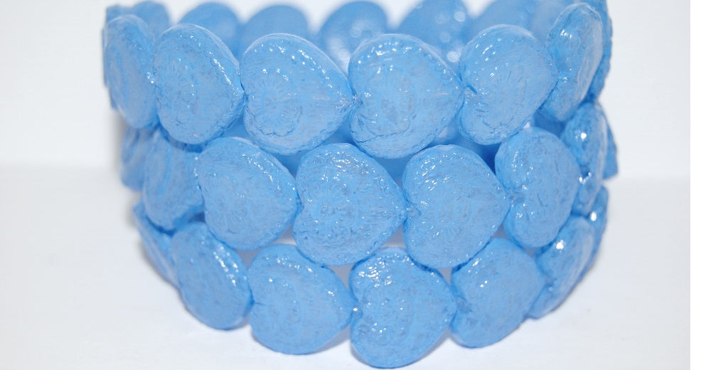 Heart With Flower Pressed Glass Beads, (Lava Glass 43612), Glass, Czech Republic