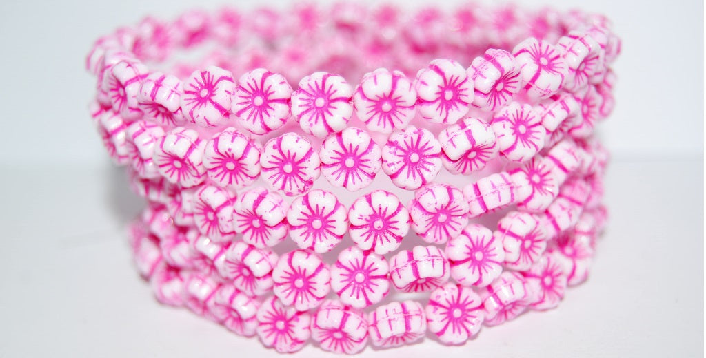 Hawaii Flower Pressed Glass Beads, White 46470 (2010 46470), Glass, Czech Republic