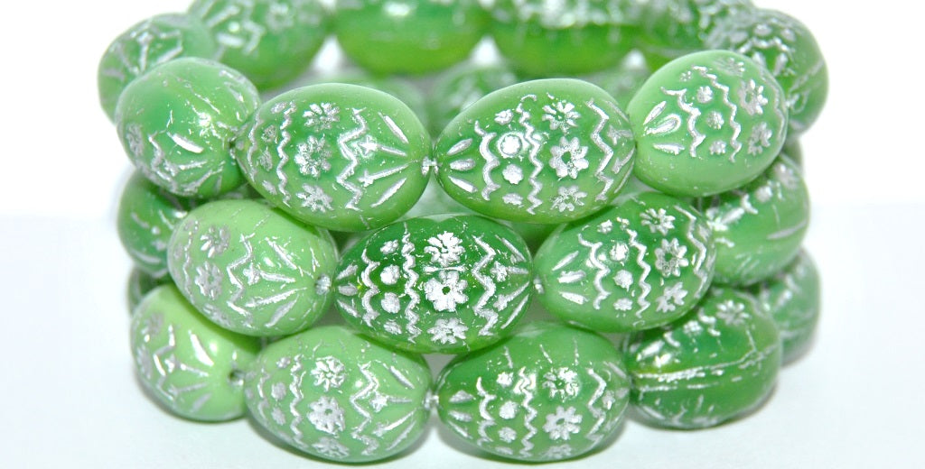 Oval Egg With Decor Pressed Glass Beads, Opal Green 54201 (51010 54201), Glass, Czech Republic