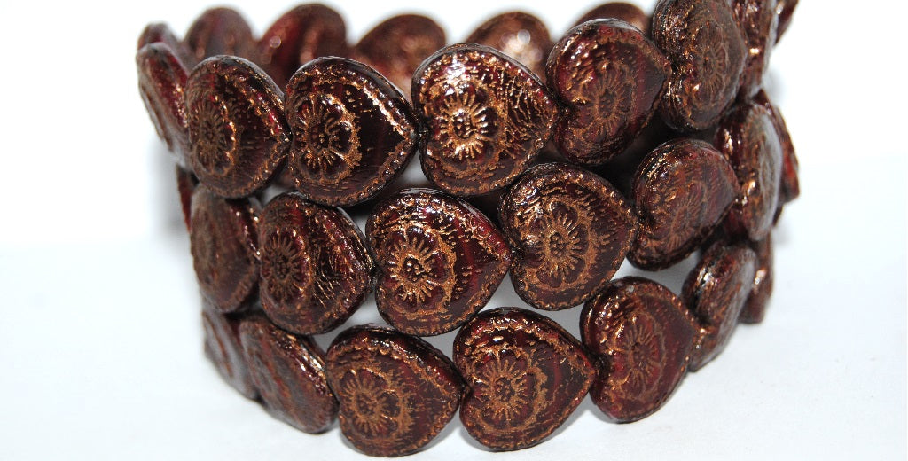 Heart With Flower Pressed Glass Beads, (26907 46415), Glass, Czech Republic