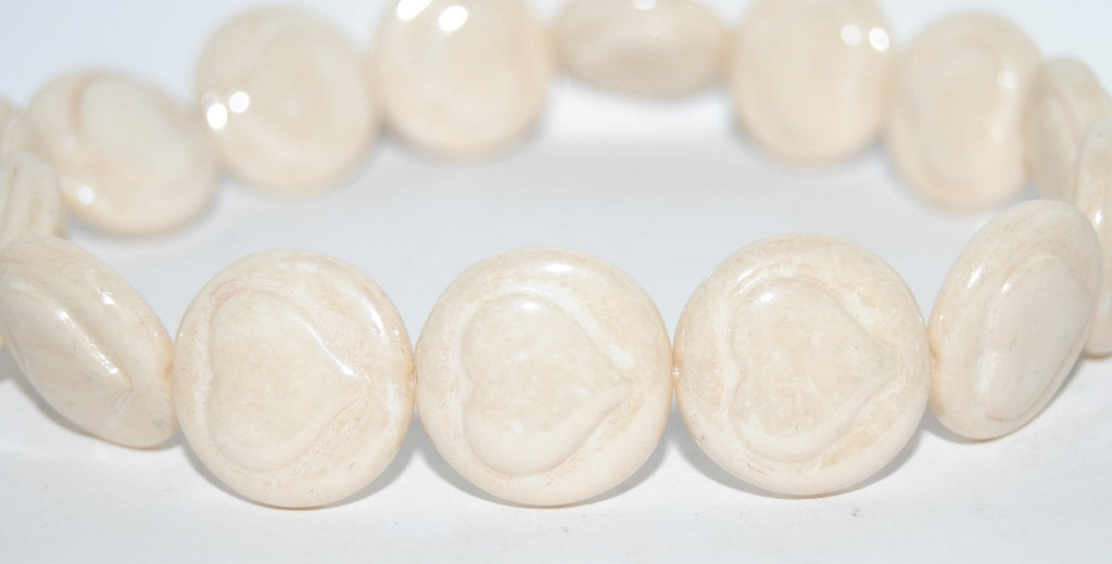 Round Flat Wit Convex Heart Pressed Glass Beads, White Luster Brown Full Coated (2010 14413), Glass, Czech Republic
