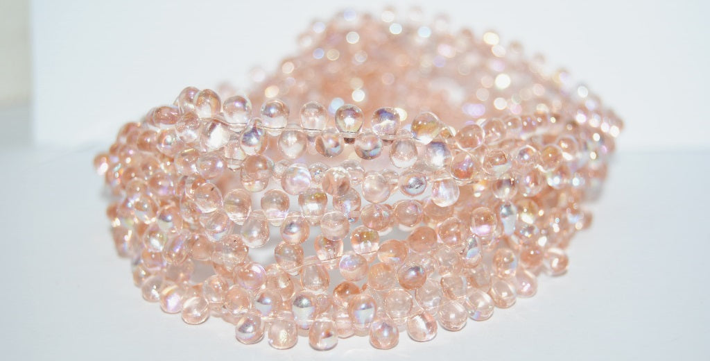 Pear Drop Pressed Glass Beads, Transparent Pink Ab (70110 Ab), Glass, Czech Republic