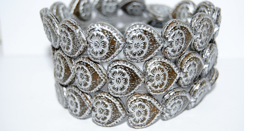 Heart With Flower Pressed Glass Beads, (16617 54201), Glass, Czech Republic