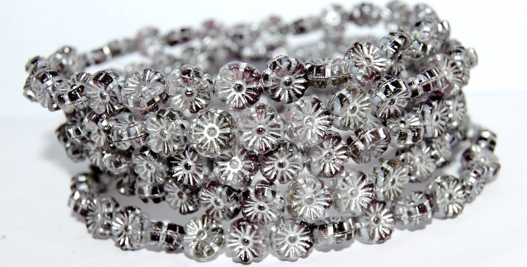 Hawaii Flower Pressed Glass Beads, Bright Amethyst White Delay 54201 (25016 54201), Glass, Czech Republic