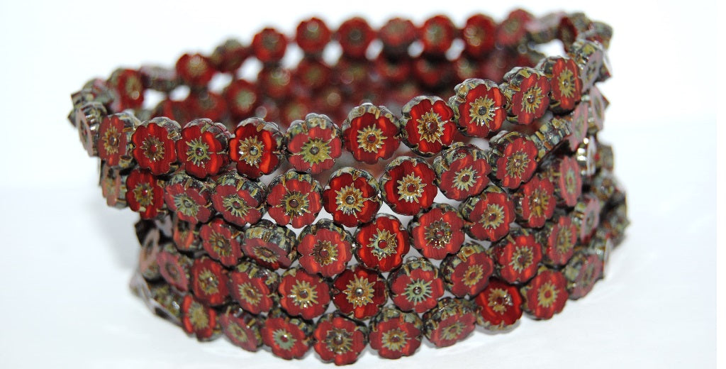 Table Cut Round Beads Hawaii Flowers, Opal Red Travertin (91250 86800), Glass, Czech Republic