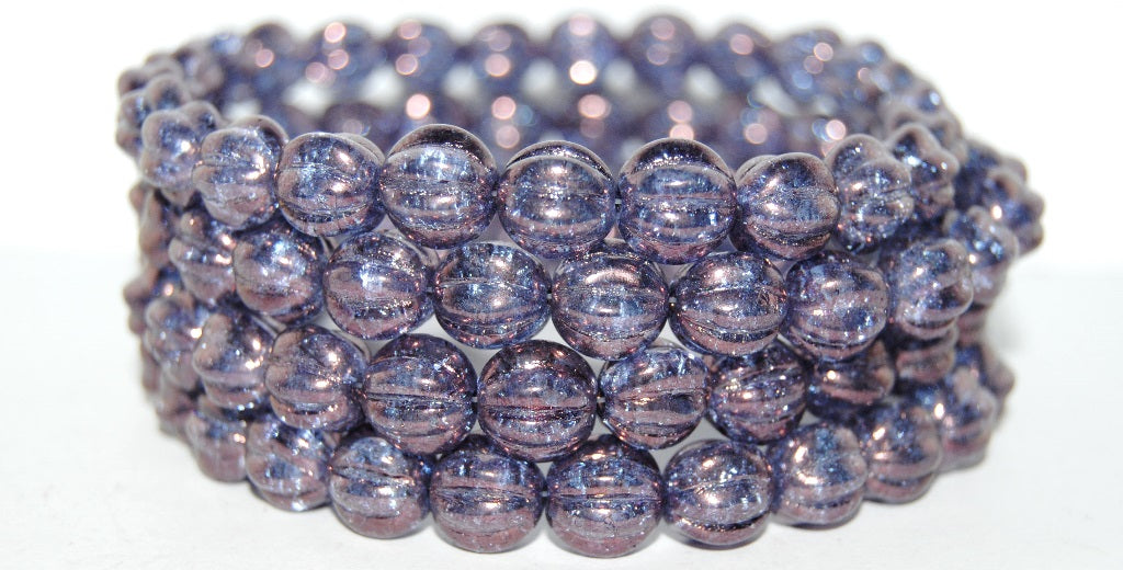 Melon Round Pressed Glass Beads With Stripes, Purple Crack (15726 Crack), Glass, Czech Republic