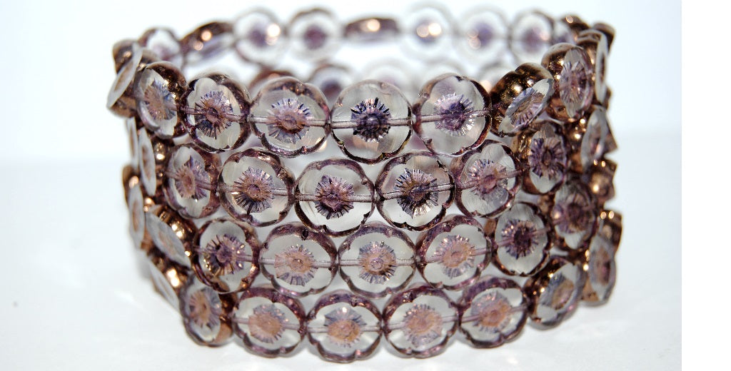Table Cut Round Beads Hawaii Flowers, Transparent Blue Bronze (30010 14415), Glass, Czech Republic