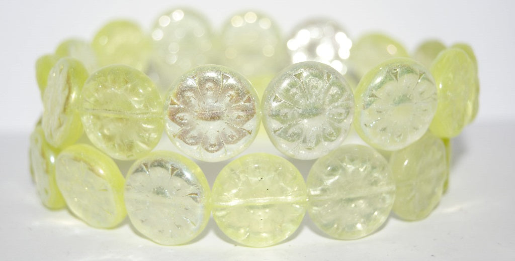 Flat Round With Flower Pressed Glass Beads, Transparent Yellow Ab (80120 Ab), Glass, Czech Republic