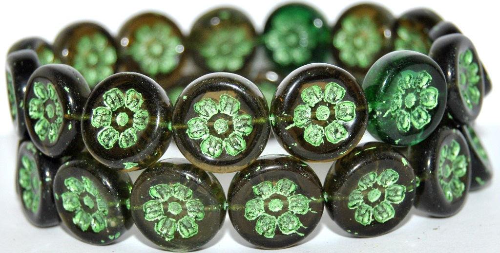 Round Flat With 6-Petal Flower Pressed Glass Beads, Green Mixed Colors 43813 Metalic (Green Mix 43813 Metalic), Glass, Czech Republic