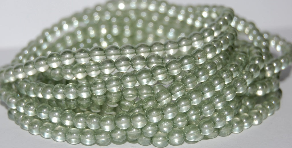 Round Pressed Glass Beads Druck, Crystal Luster Green Full Coated (30 14457), Glass, Czech Republic