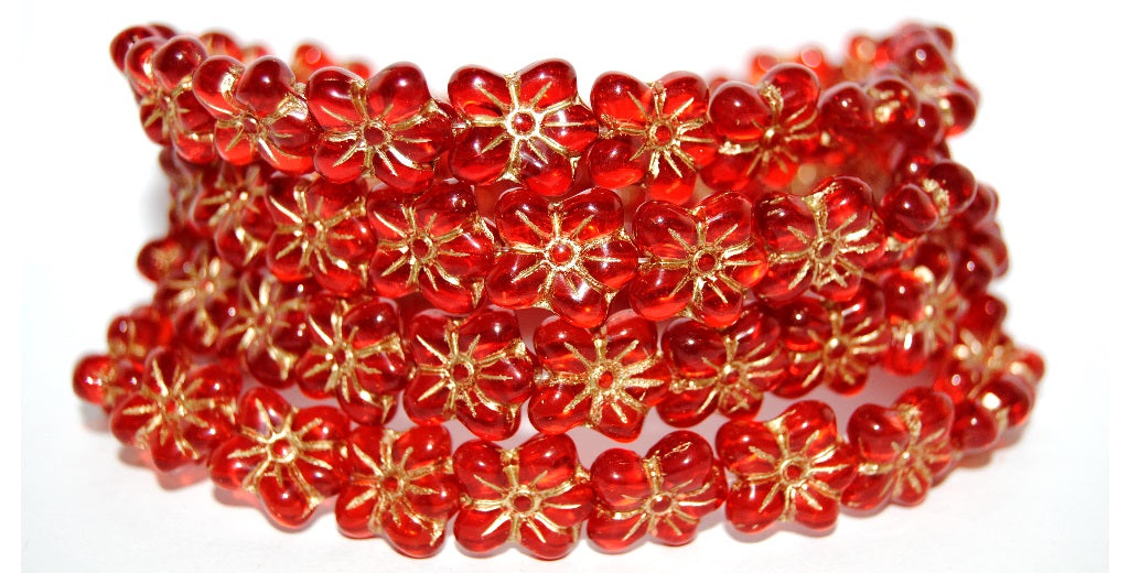 Flower Pressed Glass Beads, Transparent Red 54202 (90060 54202), Glass, Czech Republic