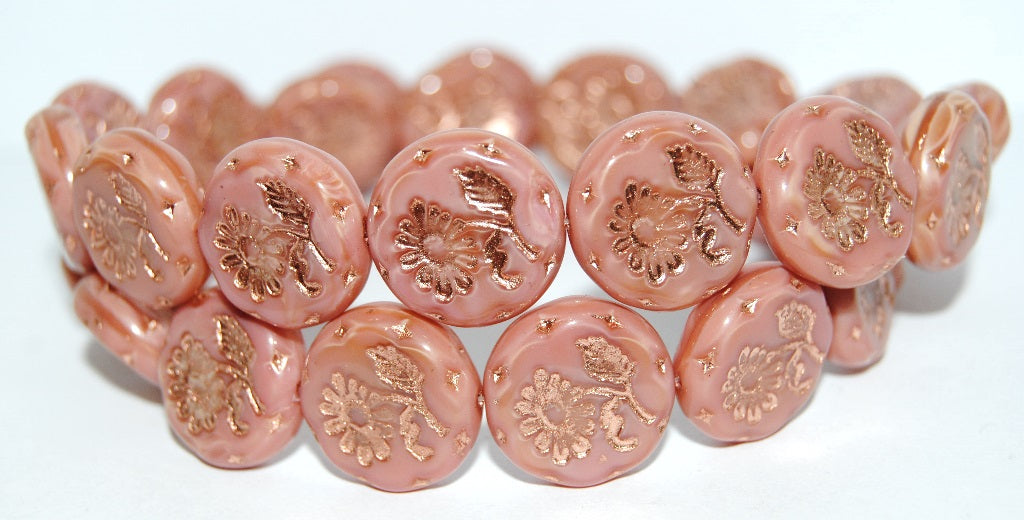 Round Flat With Flower Marguerite Pressed Glass Beads, (74020B 54200), Glass, Czech Republic