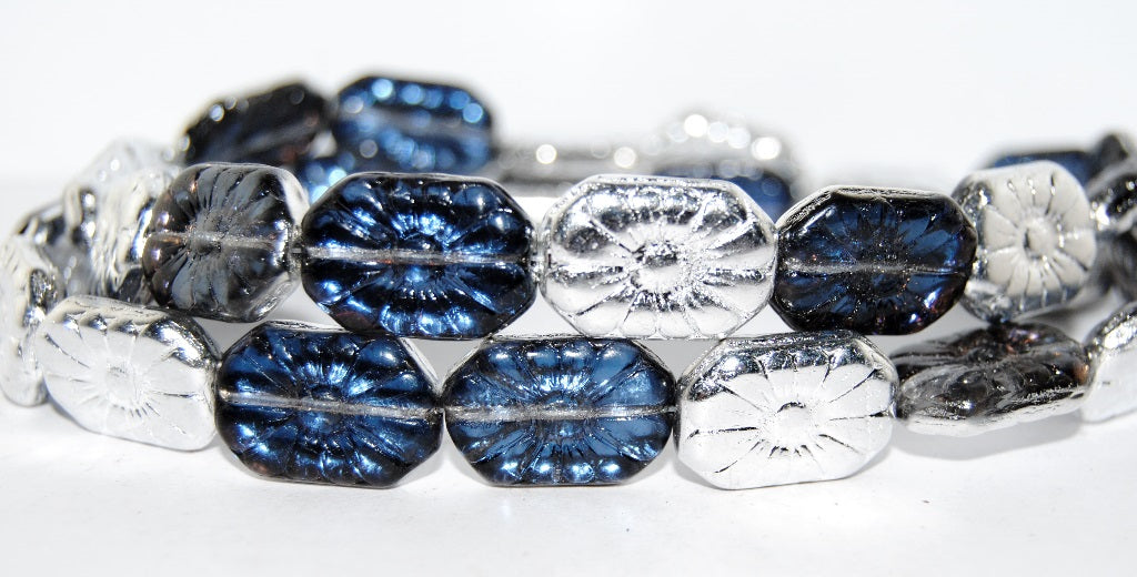 Rounded Rectangle With Flower Pressed Glass Beads, Crystal 29634 (30 29634), Glass, Czech Republic