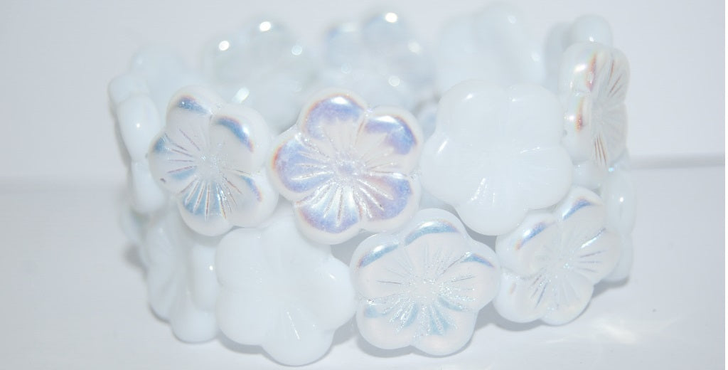 Round Flower Hibiskus Pressed Glass Beads, White Ab (2010 Ab), Glass, Czech Republic
