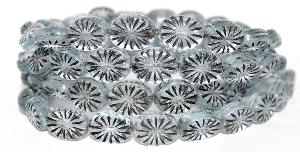 Flat Oval Pressed Glass Beads With Rays, Transparent Blue 23202 (30000 23202), Glass, Czech Republic