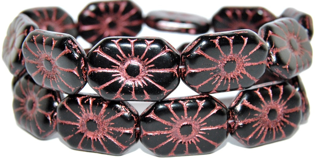 Rounded Rectangle With Flower Pressed Glass Beads, Black 43806 (23980 43806), Glass, Czech Republic
